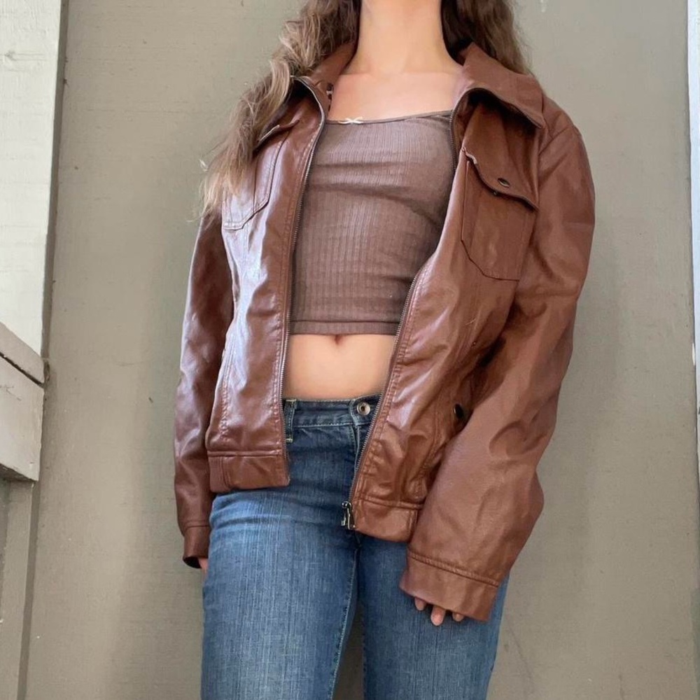 Vintage Miss Posh brown faux leather zip up bomber jacket with leopard lining